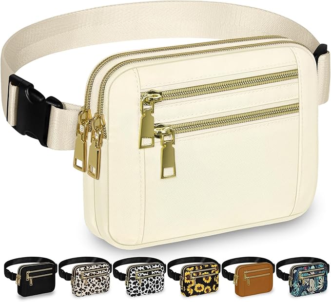 Capolo Fanny Packs for Women Fashion Waist Packs Bag with Adjustable Strap and 4 Zipper Pockets Waterproof Everywhere Crossbody Belt Bag for Workout Running Travelling(Ivory, Large)