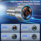 65W Car Charger USB C Fast Charger for iPhone 17/16e/15 Pro Max, 4-Port Dual USB-C&USB-A Fast Charging Cigarette Lighter Adapter with Voltage Meter QC+PD 3.0 Car Phone Charger for Galaxy S25 S24 A16