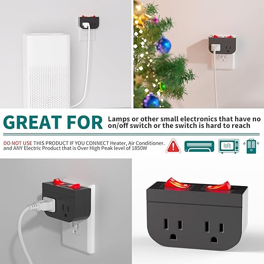 3Pack - POWAWINI Grounded Outlet with Double On Off Switch, Two Port Electrical Outlet Plug Switch, Wall Tap Adapter with Daul Red Indicator, 1875W,15A, ETL Listed (Black)