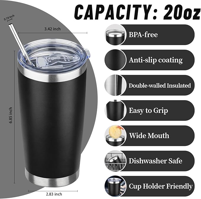 20 oz Tumbler with Lids and Straws, Stainless Steel Insulated Travel Coffee Mug, Double Wall Vacuum Insulated Tumblers, Powder Coated Coffee Tumbler for Cold & Hot Drinks (Black,6pack)