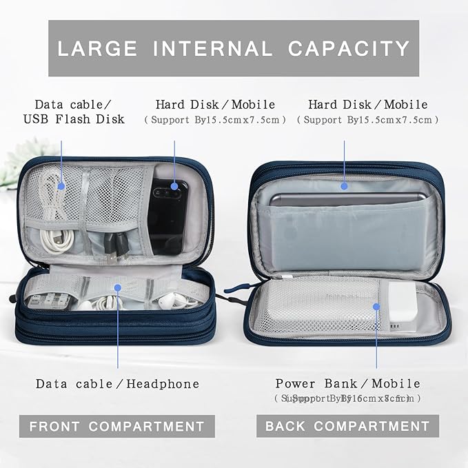 Skycase Electronic Organizer Travel Case - Waterproof Travel Cord Pouches for Organization, Cable Organizer, All-in-One Double Layers Storage Bag for Accessories, Charger, Cable, Navy - Medium