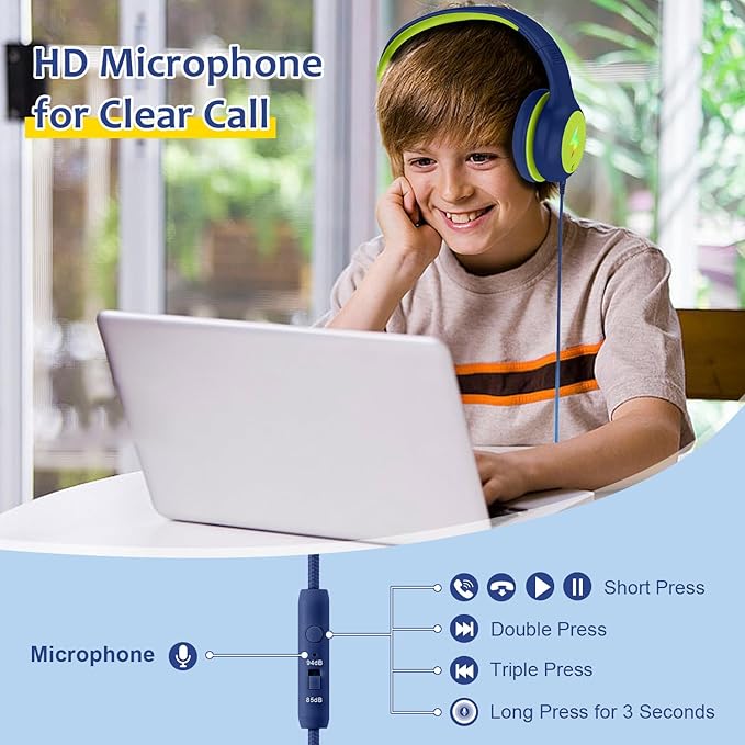 Voopwink Kids Headphones Wired with Microphone, USB Type C Headphones for Kids Girls Boys with Cord/LED Lights/85/94dB Volume Limit, Portable Over Ear Headphones for School/Travel/Tablet/iPad