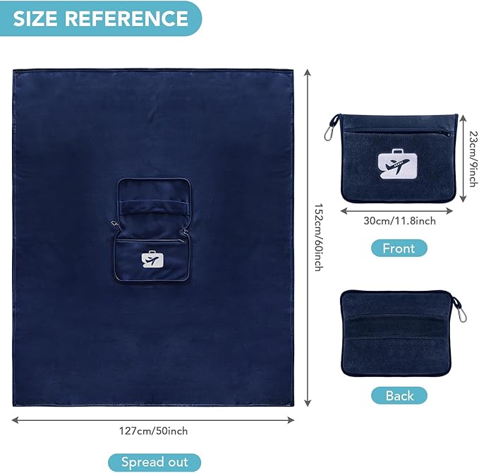 SINLAND Travel Pillow and Blanket 2-in-1 Set,Airplane Packable Bag,Soft and Lightweight Plane Flight Car Trips Travel Essentials Gift,Hand Luggage Sleeve and Backpack Clip,60x50 Inch NavyBlue