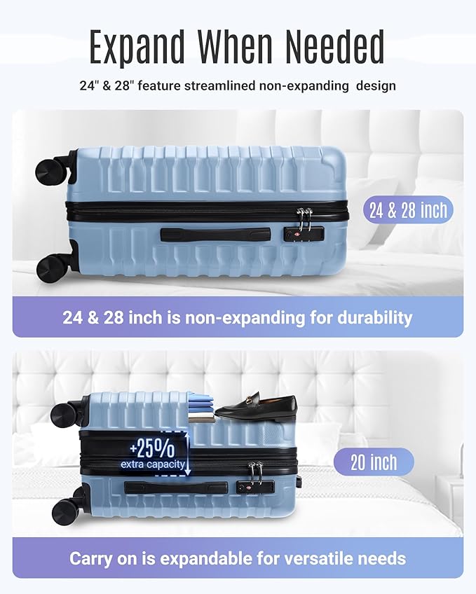 LIGHT FLIGHT Luggage Sets, 3 Piece Durable Suitcase Set with Spinner Wheels, 3 Pcs Hard Shell Lightweight Luggage with TSA Lock, Large Checked Travel Suitcases, 20/24/28 Inch,Light Blue