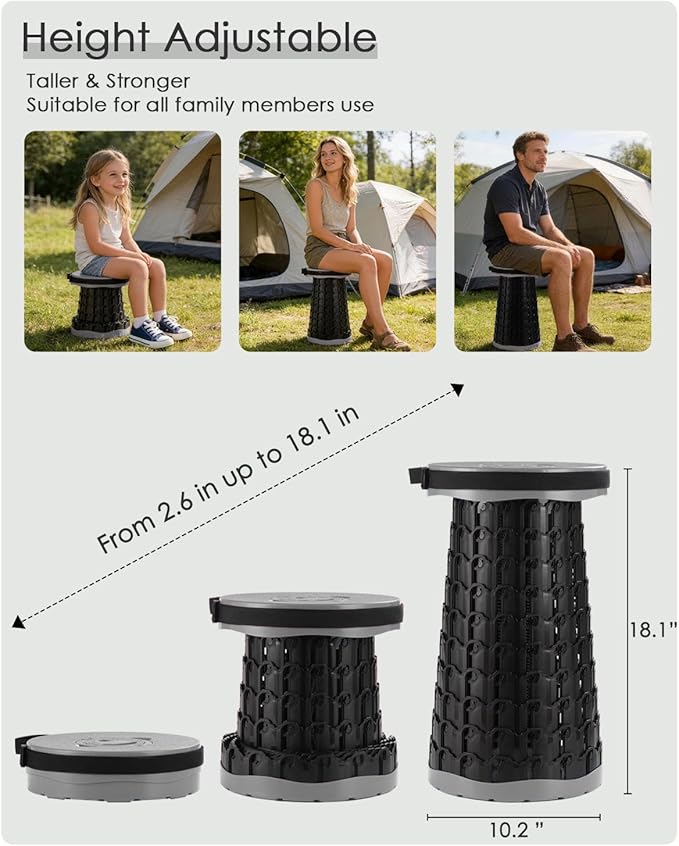 Upgraded Collapsible Stool with Cushion, 800 lbs Heavy Duty Capacity & Lightweight 2.6 lbs, 18-Inch Portable Retractable Folding Stool for Adults, Camping, Fishing, Hiking, BBQ, Travel, Outdoor Events