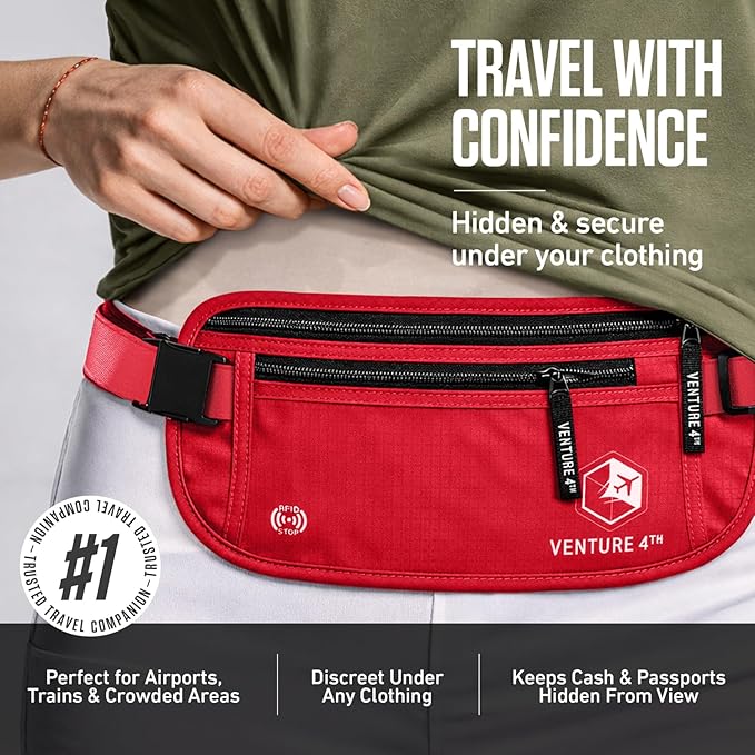 VENTURE 4TH Money Belt for Travel – Slim Hidden Under-Clothes RFID Blocking Anti-Theft Passport Holder & Travel Wallet Pouch for Men & Women to Protect Cash, Cards & Documents (Red)