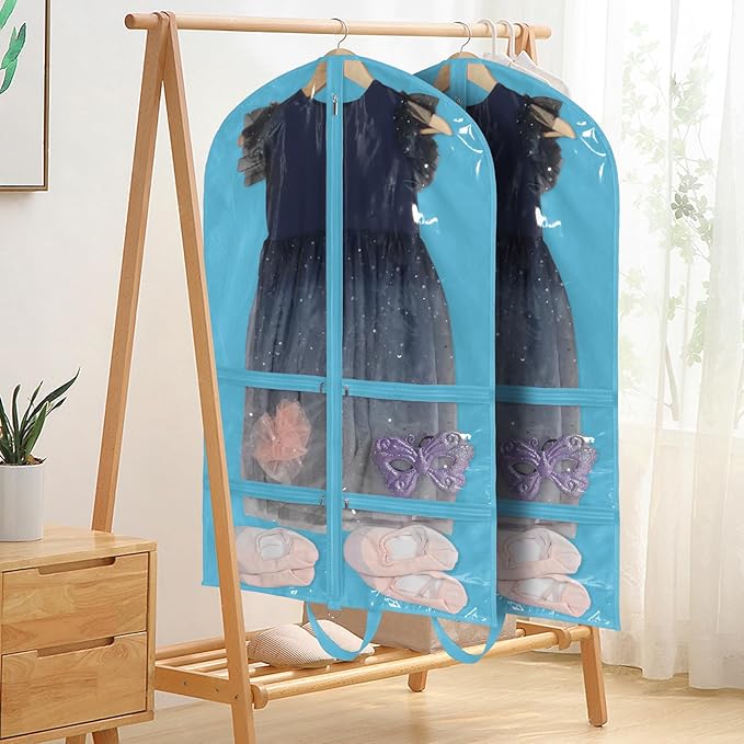 KEEGH CLear Garment Bags for Dance Costumes 40 inch Dance Garment Bags for Dancers Hanging Clothes for Closet Storage, with 4 Zipper Pockets for Dance Competitions, Ballet, Theatre, 2 Pack, Blue