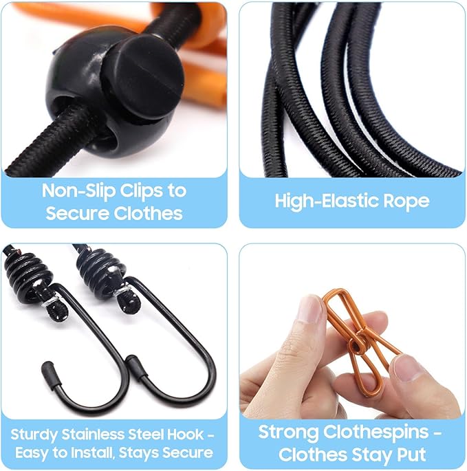 Retractable Portable Travel Clothesline, Clothing Line with 12 Clothes Clips for Indoor Laundry Drying Line with Clothesline Stops, Outdoor Camping Accessories