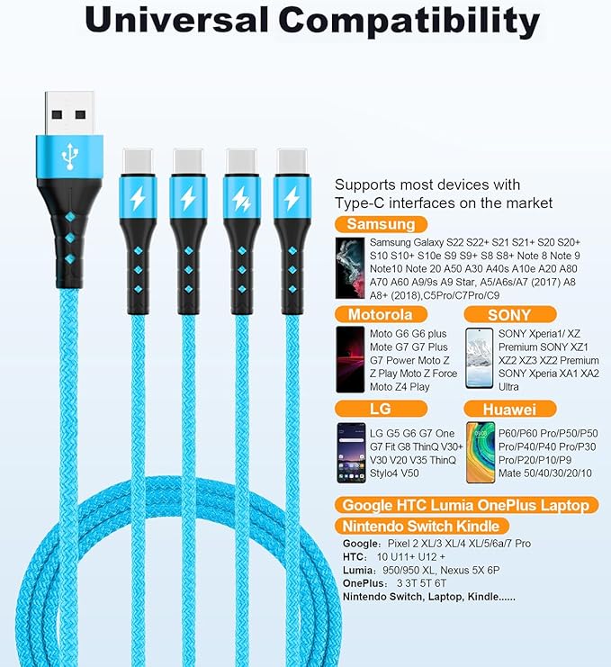 SIQIWO Multi USB C Cable Fast Charging, [4FT/2 Pack] QC 3.0(3A) USB C Splitter Cable, 4 in 1 Charger Cord with 4 Type C Ports, for iPhone 17/16/15 Series, iPad Air/Pro, Samsung Galaxy S25, Pixel, PS5