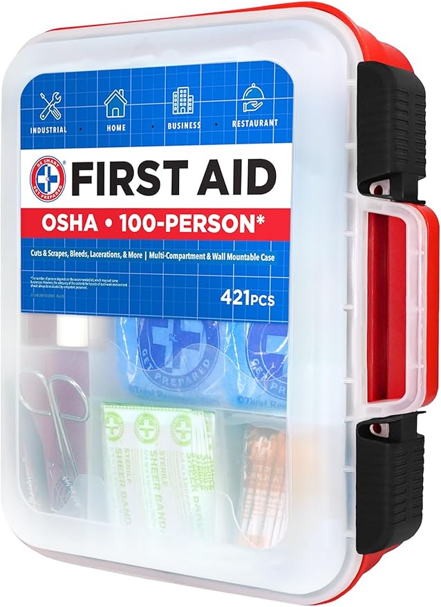 Be Smart Get Prepared 421pc First Aid Kit Exceeds OSHA Guidelines 100 People - Office, Home, Car, School, Emergency, Survival, Camping, Hunting and Sports