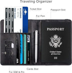 WALNEW Passport Holder for Travel, RFID Passport Cover Wallet for Women Men, PU Leather Passport Book Card Holder Case with Pen, Travelling Essentials for Flying