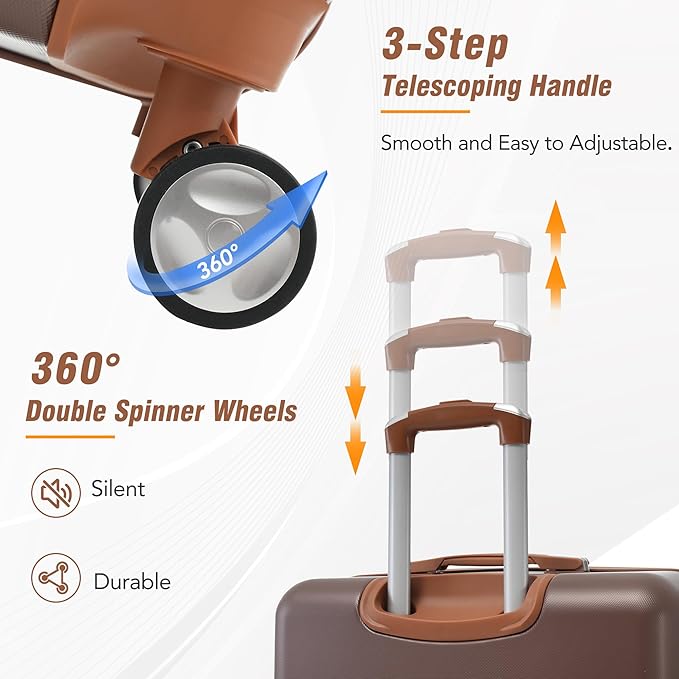 Luggage Sets, 2 Piece Carry on Luggage Set with Travel Bag, 2 Piece Expandable Spinner Hardshell Suitcase with TSA Lock, Back to School Suitcase, Women Men (Brown, 20/24 inch+Cosmetic Case)