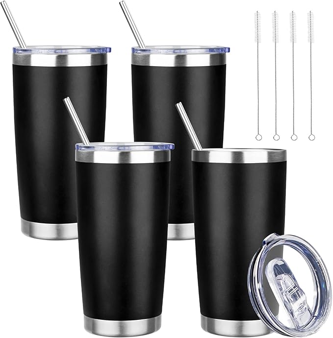 20 oz Tumbler with Lids and Straws, Stainless Steel Insulated Travel Coffee Mug, Double Wall Vacuum Insulated Tumblers, Powder Coated Coffee Tumbler for Cold & Hot Drinks (Black,4pack)