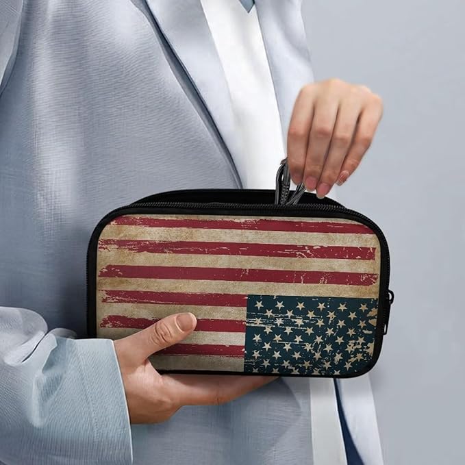 Vintage USA Flag Print Large Electronics Organizer - Travel Case, Cord Organizer, Accessories for Women