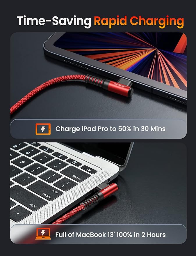 AINOPE USB C Cable 60W 2-Pack 6.6ft Nylon Braided USB C to USB C Cable Type C Charger Fast Charging Right Angle USBC Cable Charger Cord for iPhone 16 Pro Max 15 Plus Samsung S24 S23 iPad Pro Red