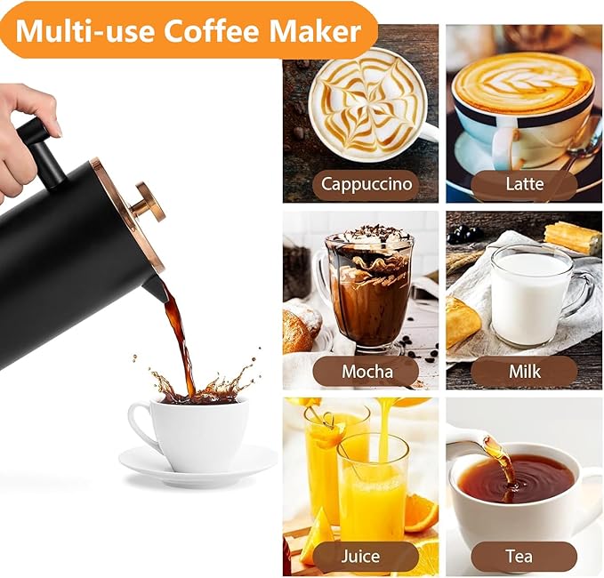 Small French Press Coffee Maker 350ml/12oz, Black Stainless Steel Double-Wall Insulated, Included 2 Extra Filters and 1 Coffee Spoon (1 Cup)