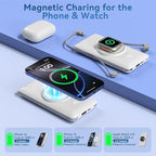 Magnetic 10000mAh Portable Charger for iWatch & iPhone, PD Fast Charging Wireless Power Bank Built-in Cables and Wall Plug, External Travel Battery Pack Compatible with iOS Android Phones