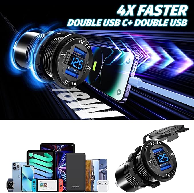 Upgraded 4 Port 12V USB Outlet, 78W Dual PD & QC Aluminum Alloy USB Ports with LED Voltmeter Waterproof for Cars, Cigarette Lighter Replacement 12V Socket for Boats RV Trucks and Motorcycles
