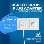 OREI American USA To European Plug Adapter – Type E/F Schuko Plug Adapter - Use in Germany, France, & More - CE Certified – For Mobile, Laptop & Camera Chargers - 6 Pack