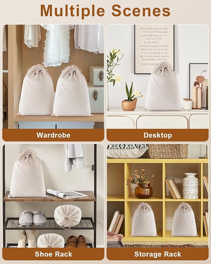 FantasyLife Shoe Bags for Travel, Washable Dust Bags for Storage & Packing, Flannel Shoe Pouch with Drawstring Closure for Purses, Handbags, Shoes & Toys (4, Beige, 17.3"x12.6")