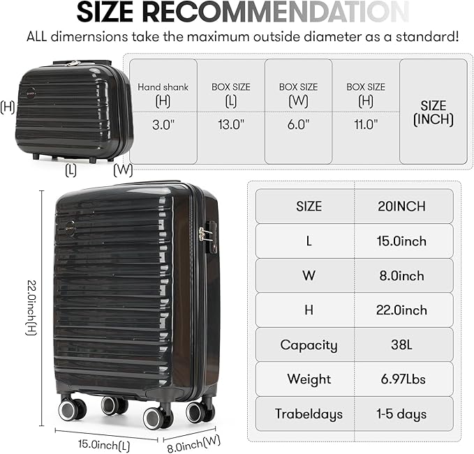 GinzaTravel Carry On Luggage 22x14x9 Airline Approved, Hard Case Luggage Sets 2 Piece, PP Small Luggage Suitcase with TSA Lock & Spinner Wheels, Black, 13/20inch