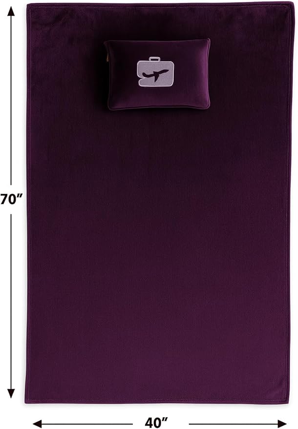 Comfort Fly Travel Blanket & Pillow – 2-in-1 Micro Plush Airplane Blanket with Carry Case (40" x 70") - Plum