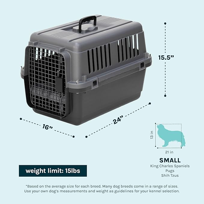 SportPet Airline Compliant Small 24" Travel Dog Kennel - Durable Plastic Airline Pet Carrier (No Wheels) & Food Bowls, Collapsible Indoor/Outdoor Dog Kennel, Dogs up to 21" L & 13" H - Dark Gray