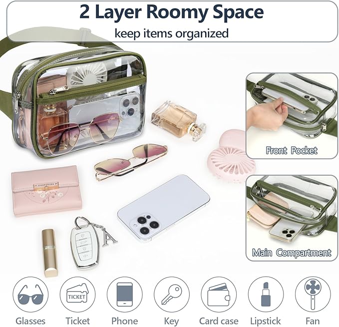 Packism Clear Fanny Pack Stadium Approved - Plus Size 35-51 inches Adjustable Strap Clear Belt Bag for Women Men Transparent Waist Bag for Concerts, Sporting Events, Green