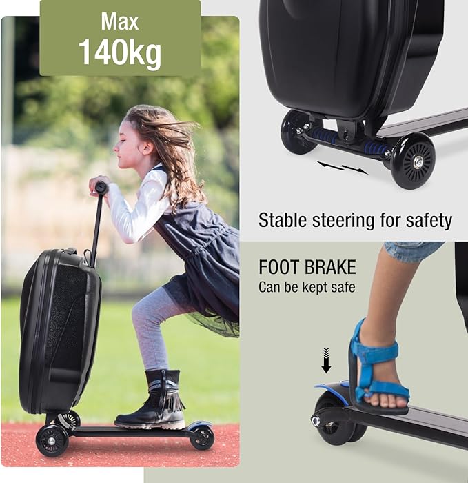 2-in-1 Ride-On Scooter Suitcase for Kids & Adults, 20” Foldable Hardshell Carry-On Luggage for Travel, Lightweight Kids Scooter Bag with Wheels