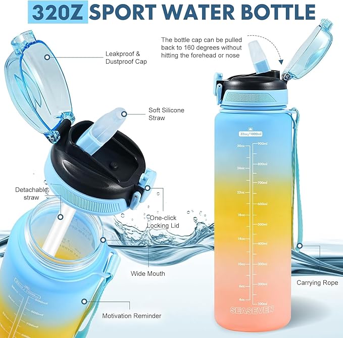 Water Bottle with Straw 1L,Boys Water Bottles with Straw 1 Litre,Waterbottle Leak-Proof Sports Water Bottle,Plastic Drinks Bottles Toxin Free，Bpa-Free (Blue Yellow)