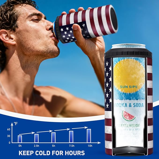 3 in 1 Slim Can Cooler for 12 OZ Skinny Can, Regular Can & Beer Bottle - Keep Cold for 6 Hours - Double Walled Insulated Stainless Steel Vacuum Beverage Insulator (US Flag)