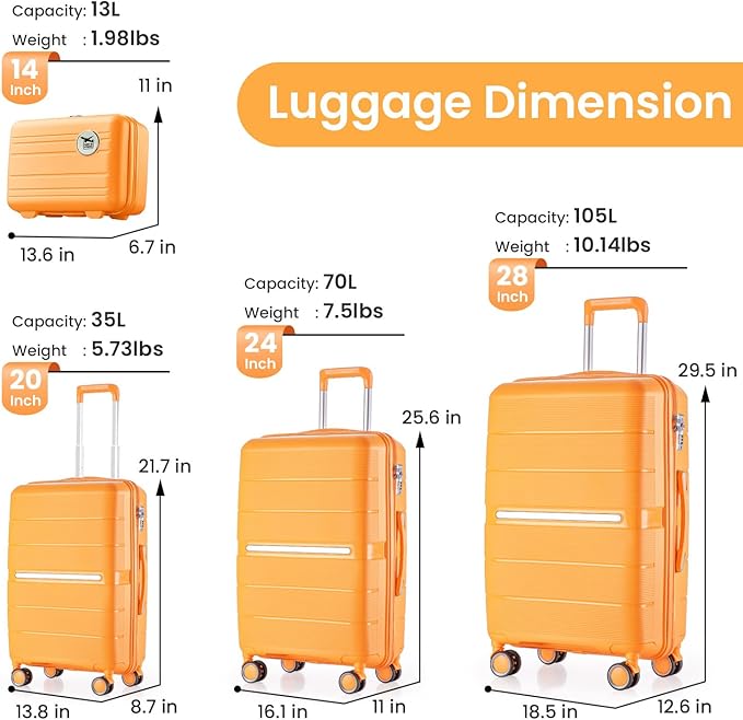 Hard Shell Luggage Sets 4 Piece with 360 Spinner Wheels,Lightweight Suitcase Set with TSA Lock,Travel Luggage Set with Telescoping Handle,Light and Strong,Easy to Clean (Orange)