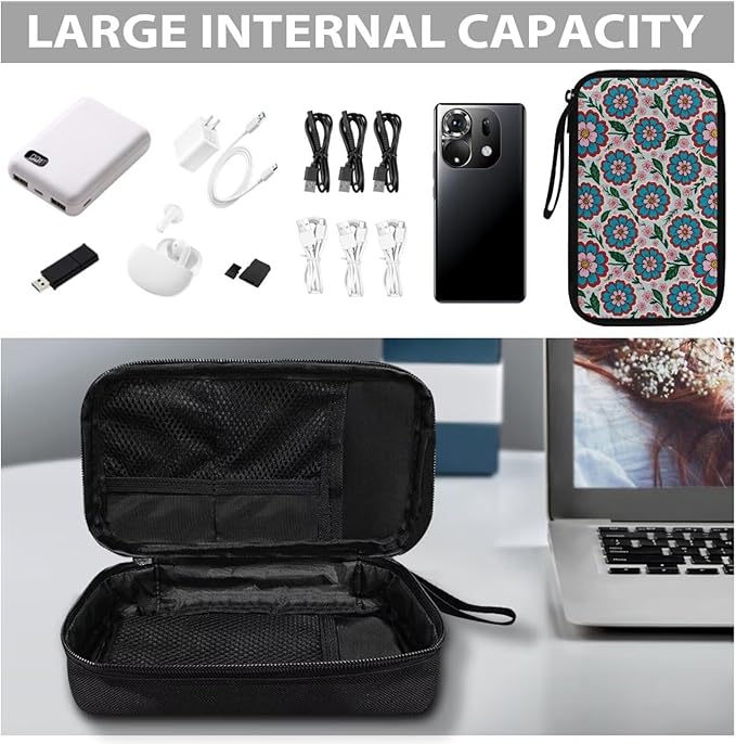 Blue Flowers Electronics Case Portable Electronic Accessories Carry Case Tech Pouch for Cable Cord Charger Phone Earphone Power Bank SD Card Travel Use