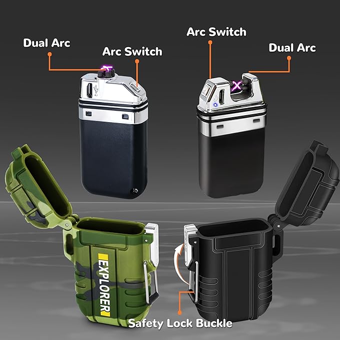 2 Pack Waterproof Lighter Outdoor Electric Lighters Dual Arc Windproof Lighters USB Rechargeable Flameless Plasma Lighter Camping Hiking Adventure Survival Tactical Gear