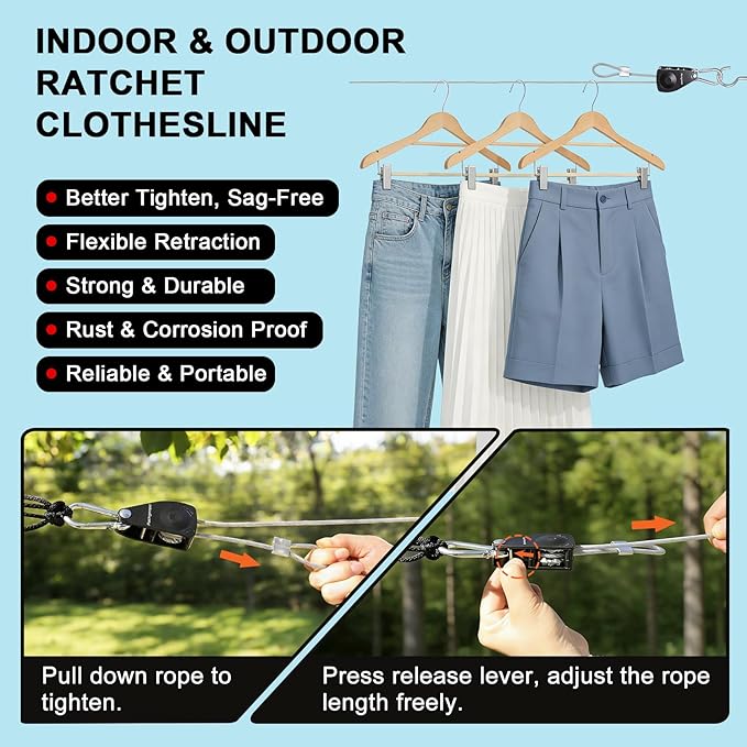 Retractable Clothesline Outdoors, Travel Clothes Drying Line, Heavy Duty Dual Pulley System with Nylon-Coated Steel Wire, Portable Laundry Line for Camping, Backyard, RV, Cruise Ships (40Ft)