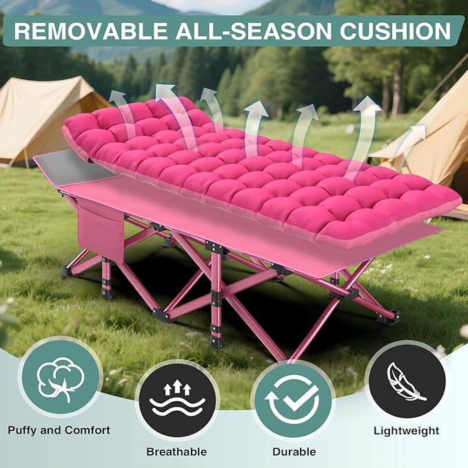 ZENPETIO Oversized XXL Folding Camping Cot, Heavy Duty Sleeping Cot for Adults with Mattress and Pillow, Portable Cot Bed with Carry Bag for Outdoor Camp Travel Home Guest Office, Pink