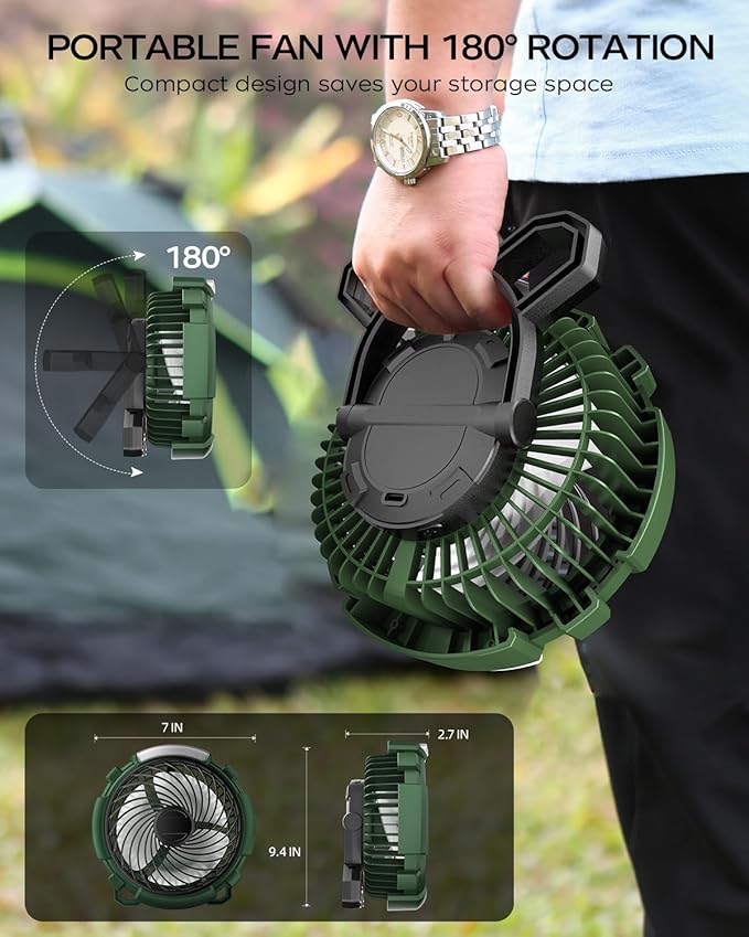 ASNUG Camping Fan with LED Lantern, 6000mAh Battery Operated Rechargeable Fan, 3 Speeds,180° Rotation, Portable Desk Fan with Hanging Hook, Tent Fan for Travel Camping Outdoor Fishing
