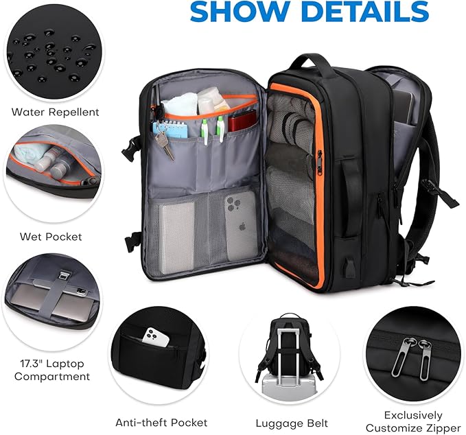 Rcrirth Carry On Travel Backpack for Airplanes | 35L Suitcase Backpack Luggage Business Weekender Bag - Expandable Travel Carry On Flight Approved for Men Women - Black