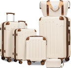6 Piece Luggage Sets with Bags, Lightweight Expandable Checked Luggage Sets, Hardshell ABS Spinner Wheels Carry on Suitcase with TSA Lock, for Travel, Women Men (2 Cream Brown, 18/20/24/28inch+2bags)
