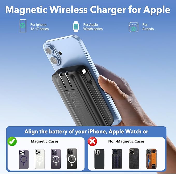 Magnetic Portable Charger 10000mAh for iPhone with Built-in Cables and Wall Plug,Wireless Power Bank with iWatch Charger,LCD Display 22.5W Fast Charging Battery Pack for iPhone 16/15/14/13/12 (Black)