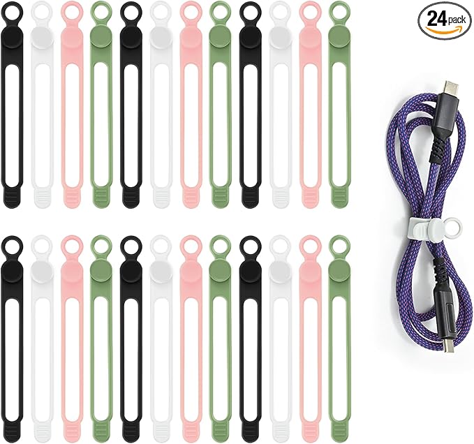 Silicone Cable Organizer Ties, Reusable Elastic Cord Ties 4.2in for Charging Cables, Electrical Cords Computer Wire Organization(24Pcs, 4Colors)