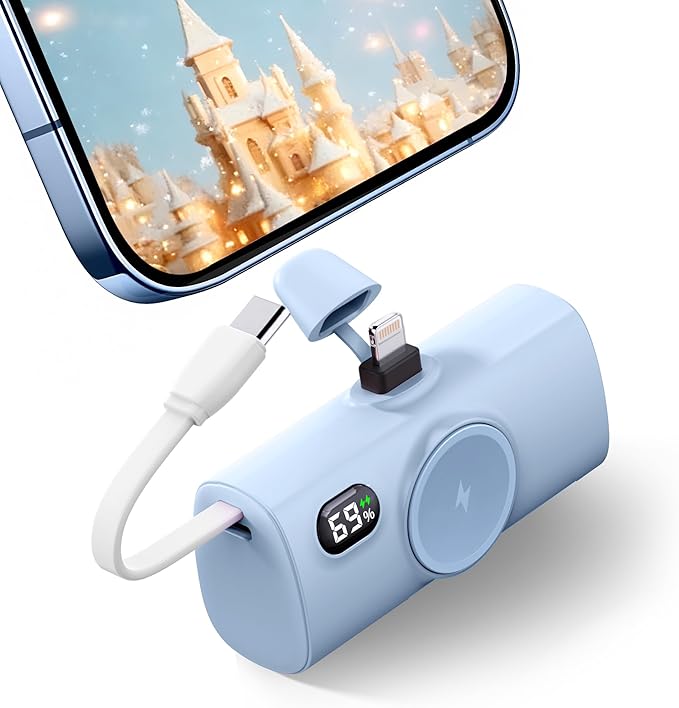 Small Blue Portable Charger for iPhone Power Bank with USB Type C Cable 5000mAh 15W Fast Charging Mini External Battery Pack for iPhone 14/13/12/16/15 Pro Max/Cellphones/Tablets Power Charger