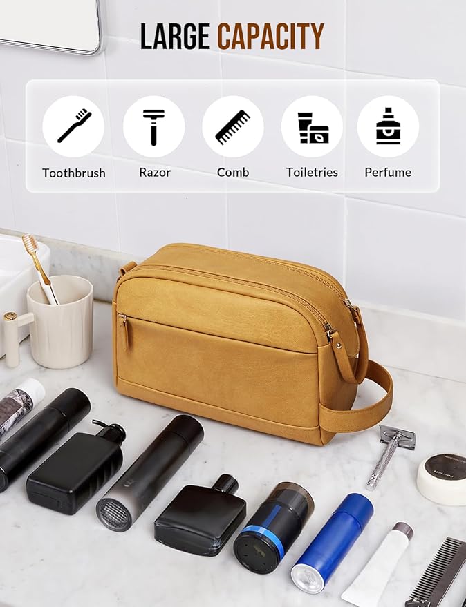 PU Leather Toiletry Bag for Men - Water Resistant Travel Bag for Toiletries, Bathroom Essentials, Accessories - Yellow
