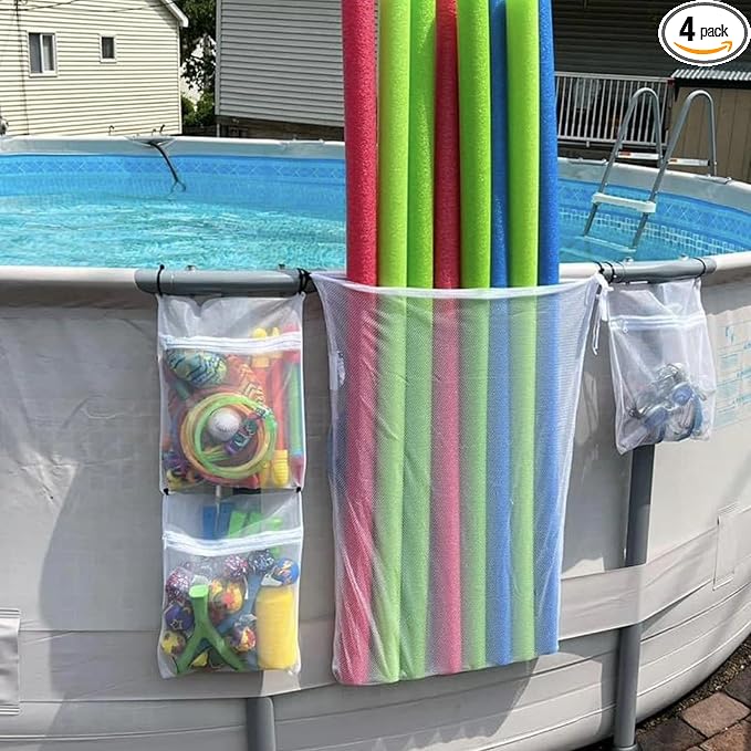 Poolside Perfection! 4-Pack Mesh Storage Bags for Toys, Pool Noodles, Vibrant Floats – Organize Your Swim Gear in Style! (3 pcs Small Zipper Bags & One Large Opening Bag)