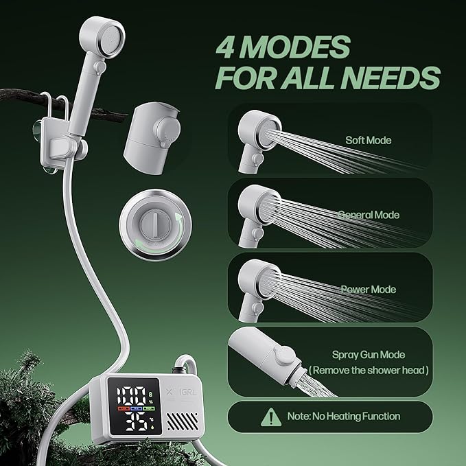 IGRL Portable Shower for Camping, Powerful 10L/Min Water Flow, Rechargeable Shower Pump with Bath Sponge, 4 Spray Modes, IPX8 Waterproof, 7800mAh Battery, Ideal for Hiking, Travel, Car Wash, Pet
