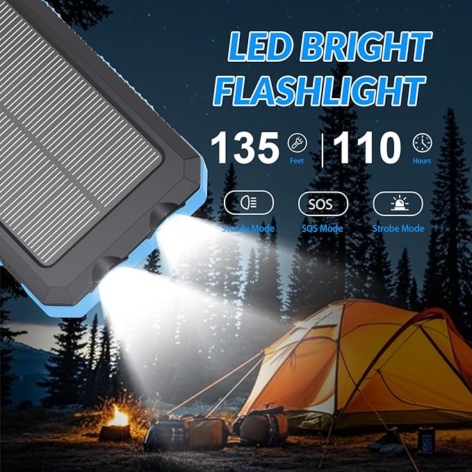 Power Bank Solar Charger 20,000mAh, Portable Phone Charger, 4 Cables Outdoor Waterproof External Backup Power Charger with USB-C for Cell Phones, Solar Battery Pack with Dual Flashlight for Camping