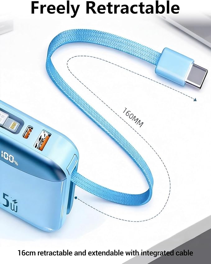 10000mAh Portable Charger with Built-in USB-C & Light-ning Cables, 22.5W Fast Charging Power Bank, Travel Battery Pack with LED Display for iPhone Samsung Android – Flight Approved