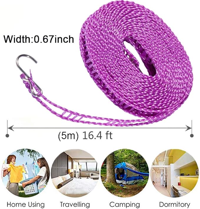 Foshine 2 Pack Clotheslines 1.64ft Length Camping 5m Clothesline White Purple Drying Rope Portable Windproof Travel for Indoor Outdoor Laundry