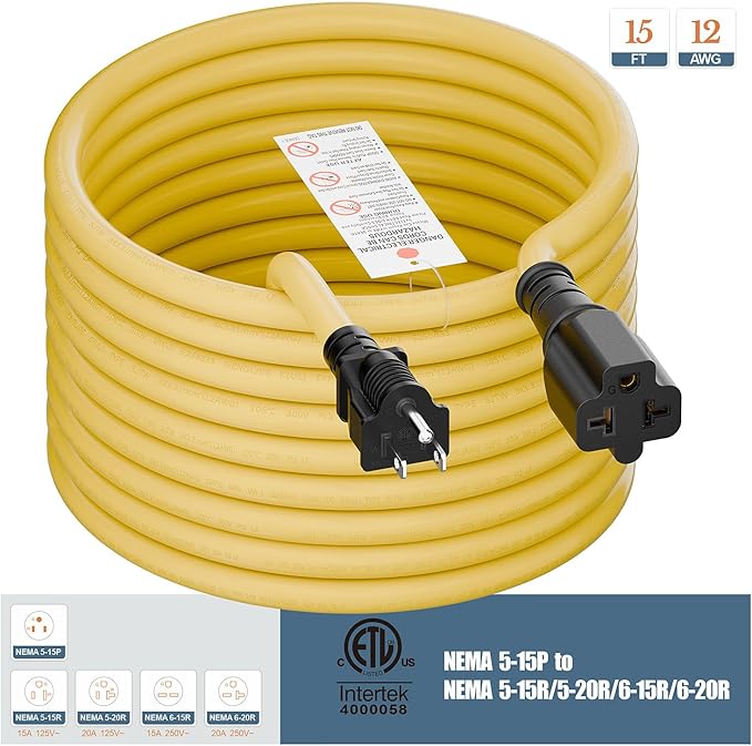 4 in1 NEMA 5-15P Extension Cord, Winxus 15FT NEMA 5-15P to 5-15R, 5-20R, 6-15R, 6-20R Adapter Cord, 15A to 20A AC Adapter Cable, 15Feet 3 Prong Extension Cords