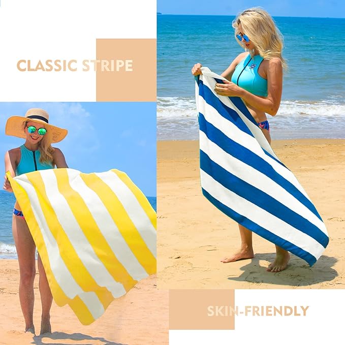 Exclusivo Mezcla 4 Pack Cotton Oversized 35x70 Inches Soft Cabana Stripe Thick Beach Towel, Super Absorbent Travel Bath Pool Towel (Ocean Blue)